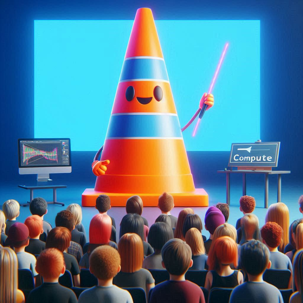 AI generated image of a traffic cone teaching a crowd of people